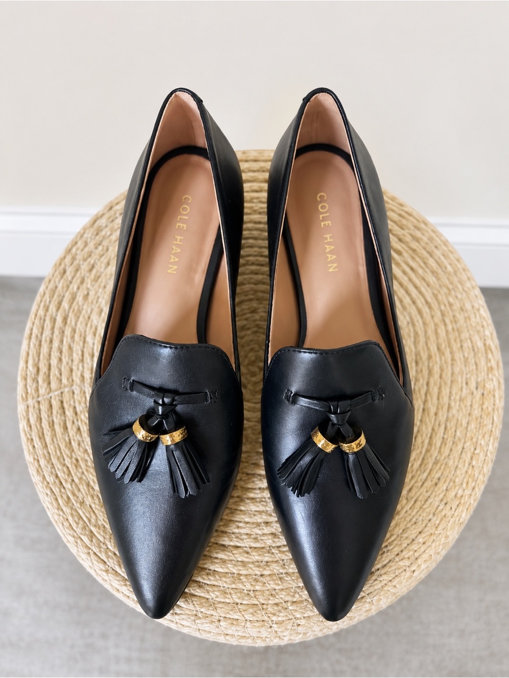 Cole Haan Black Leather Pointed Tassel Loafers